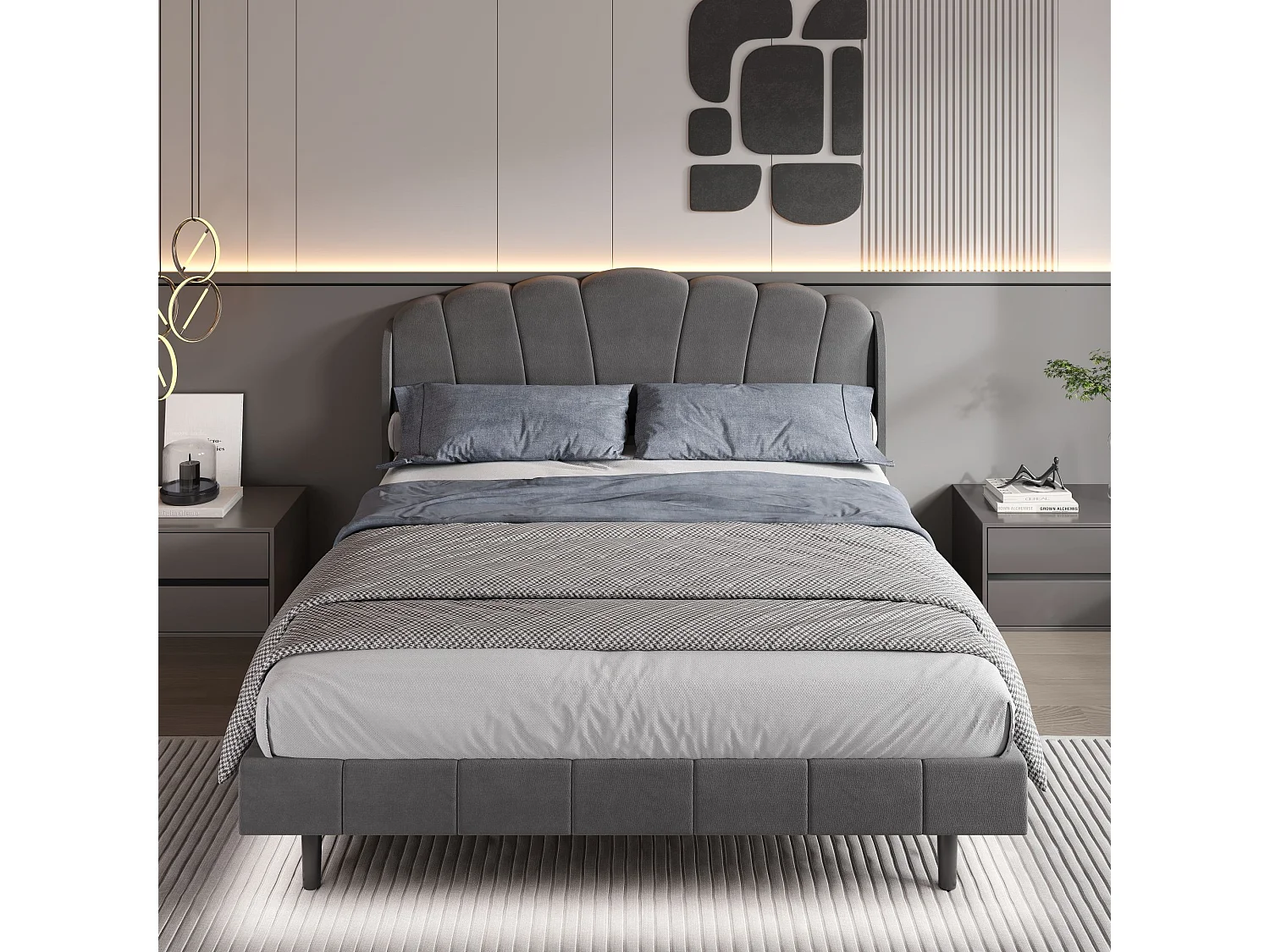 Lit capitonné avec tête de lit réglable - 140 x 200 cm - LEDs sensable - velours - coloris gris