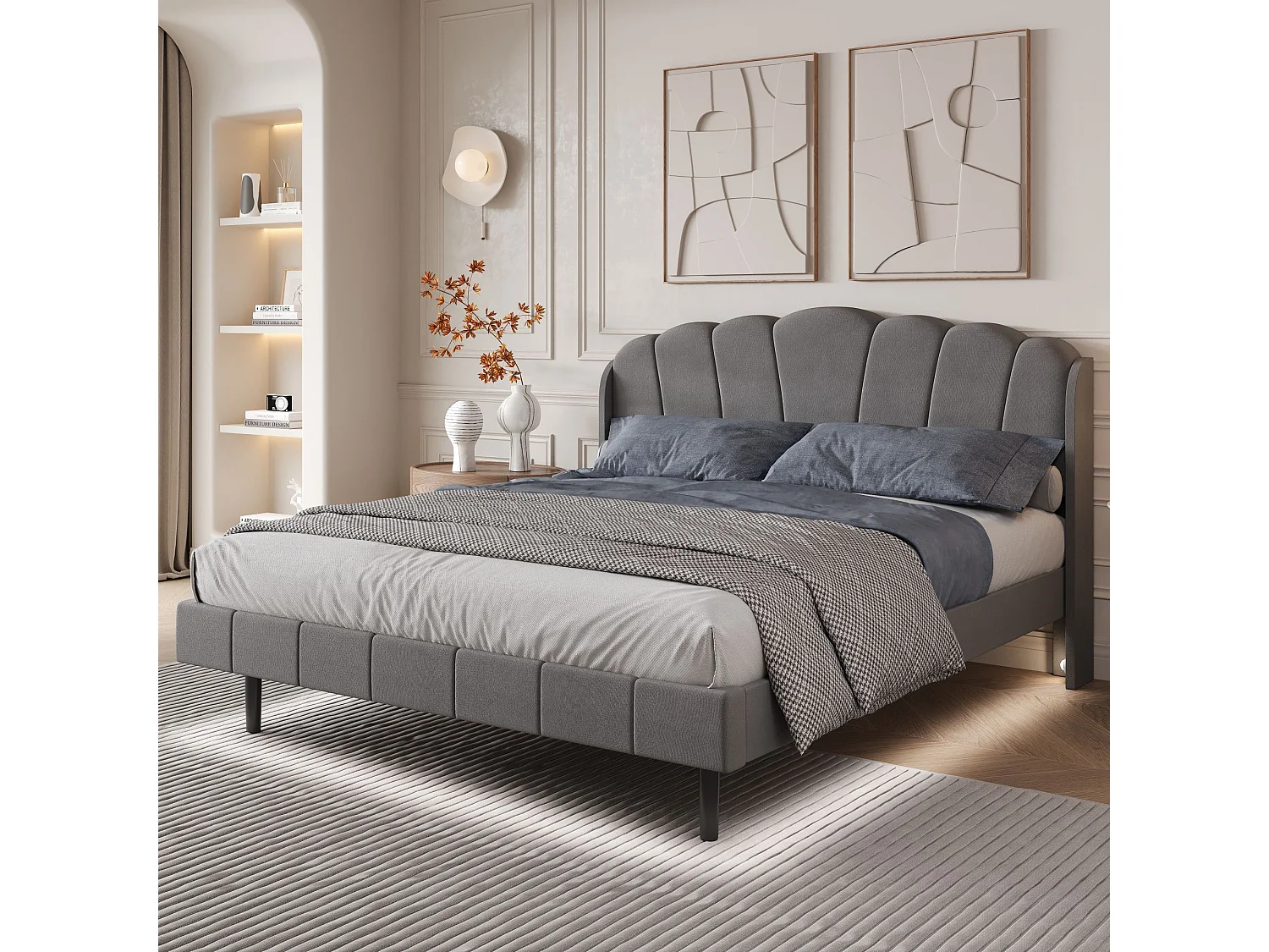 Lit capitonné avec tête de lit réglable - 140 x 200 cm - LEDs sensable - velours - coloris gris