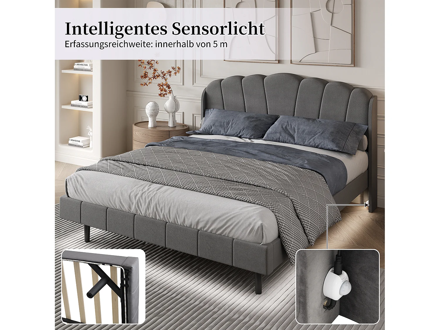 Lit capitonné avec tête de lit réglable - 140 x 200 cm - LEDs sensable - velours - coloris gris