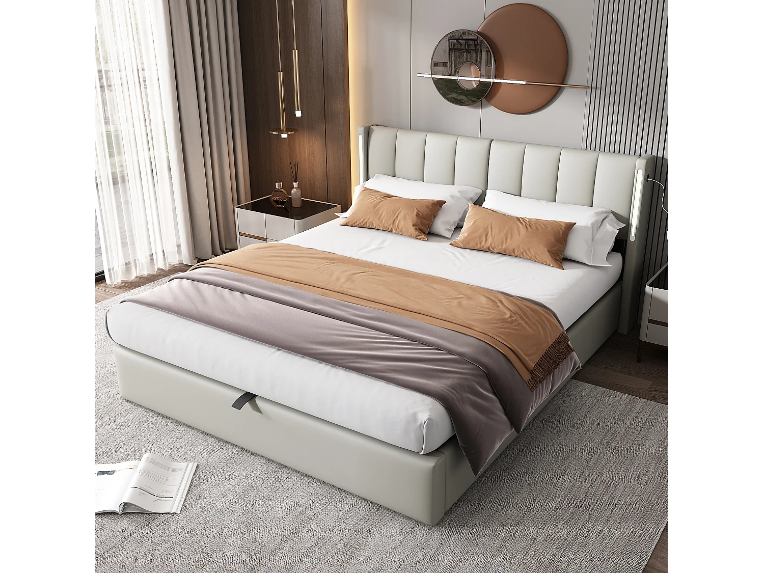 Binauraal opbergbed met verstelbaar hoofdeinde - 160 x 200 cm - PU leer - LED's en USB - Lattenbodem - Grijs