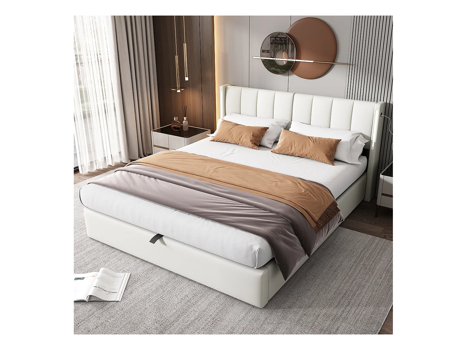 Lit coffre binaural avec tête de lit réglable - 180 x 200 cm - Cuir PU - LEDs et USB - Sommier à lattes - Blanc