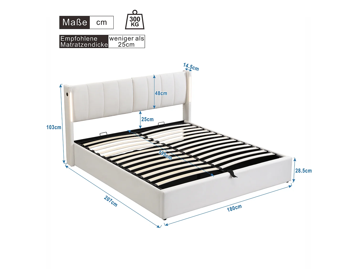 Binaurales Stauraumbett mit verstellbarem Kopfteil – 180 x 200 cm – PU-Leder – LEDs und USB – Lattenrost – Weiß