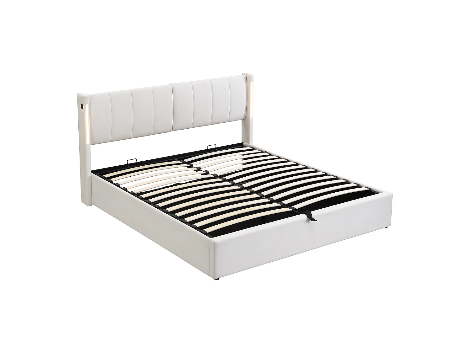Binaurales Stauraumbett mit verstellbarem Kopfteil – 180 x 200 cm – PU-Leder – LEDs und USB – Lattenrost – Weiß