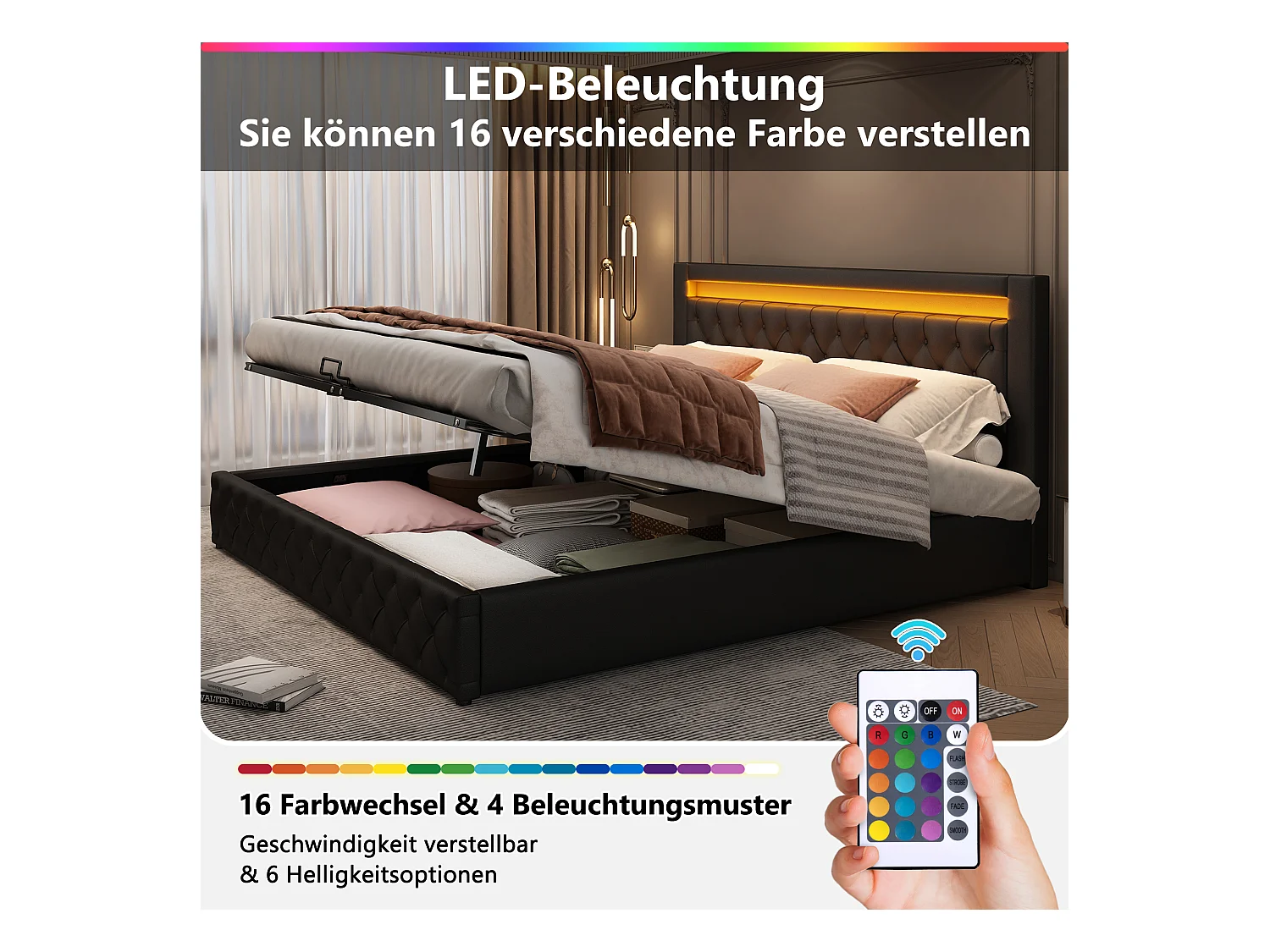 Letto contenitore con testiera - 160 x 200 cm - Pelle PU e LED - Rete a doghe - Stile moderno - Nero