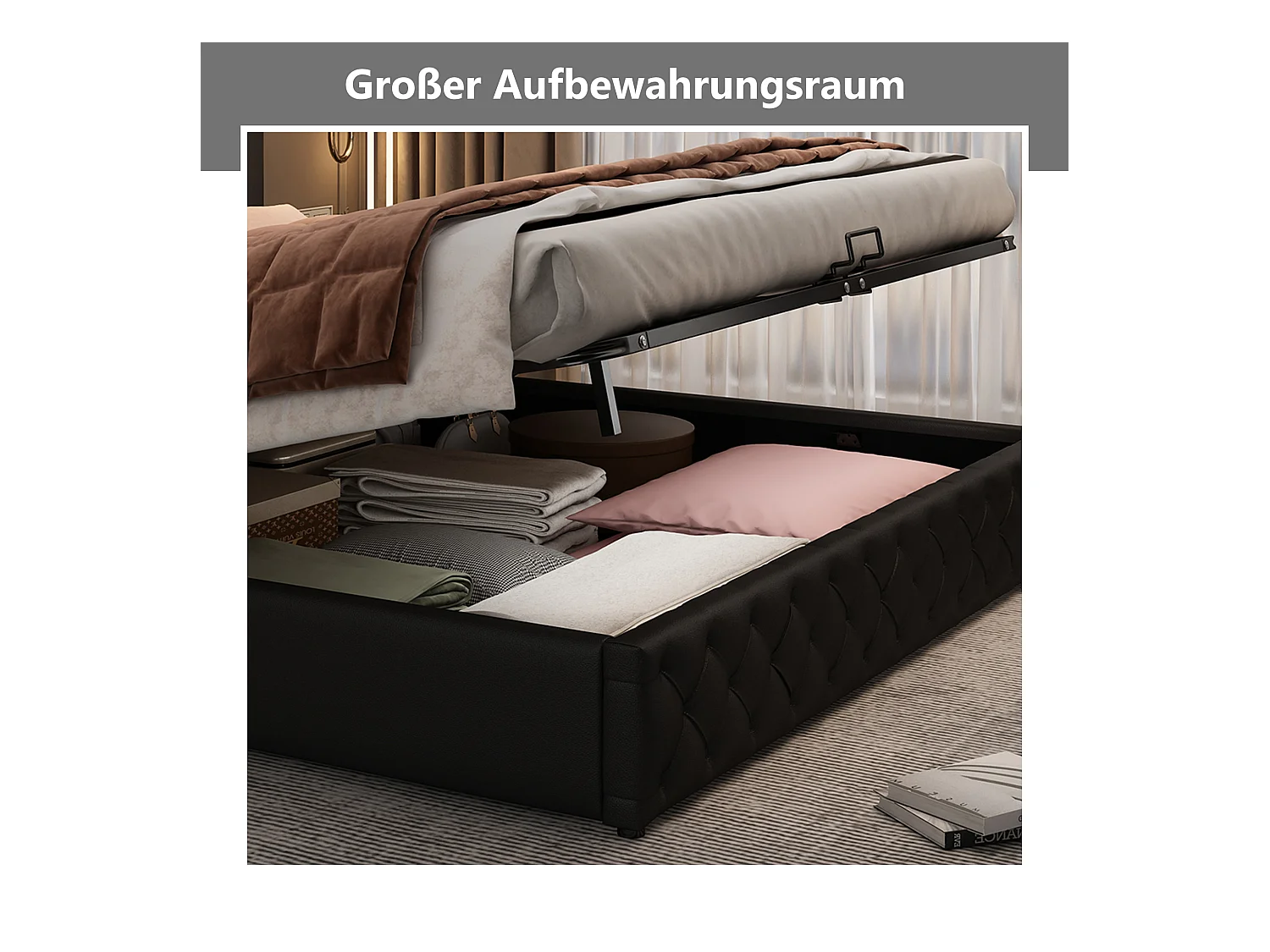 Letto contenitore con testiera - 160 x 200 cm - Pelle PU e LED - Rete a doghe - Stile moderno - Nero