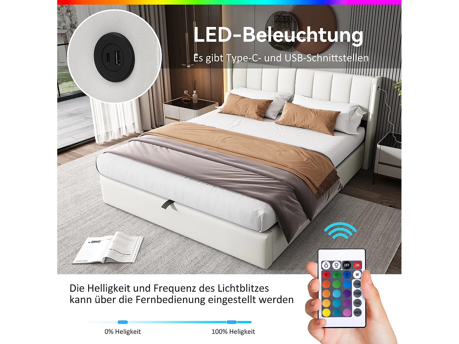 Lit coffre binaural avec tête de lit réglable - 160 x 200 cm - Cuir PU - LEDs et USB - Sommier à lattes - Blanc