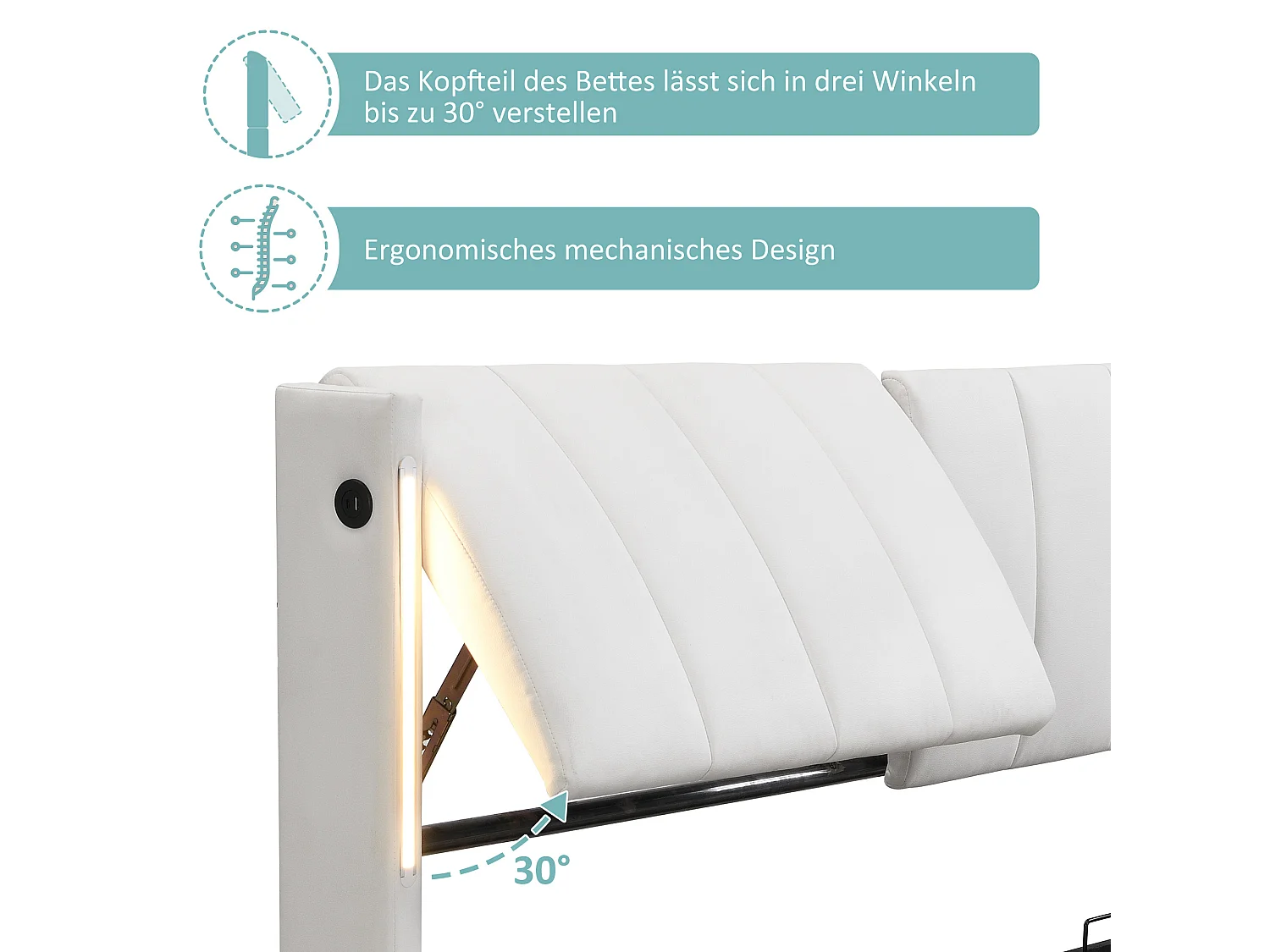 Lit coffre binaural avec tête de lit réglable - 160 x 200 cm - Cuir PU - LEDs et USB - Sommier à lattes - Blanc