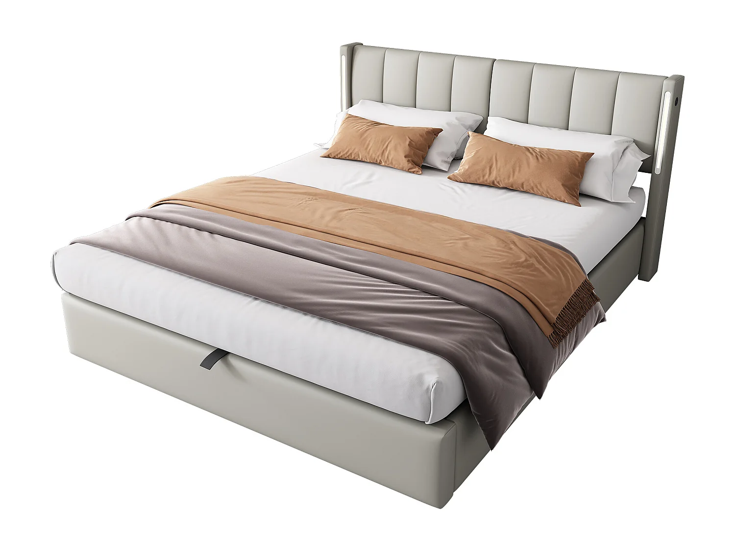 Cama contenedor binaural con cabecera ajustable - 180 x 200 cm - Cuero PU - LEDs y USB - Somier de láminas - Blanco