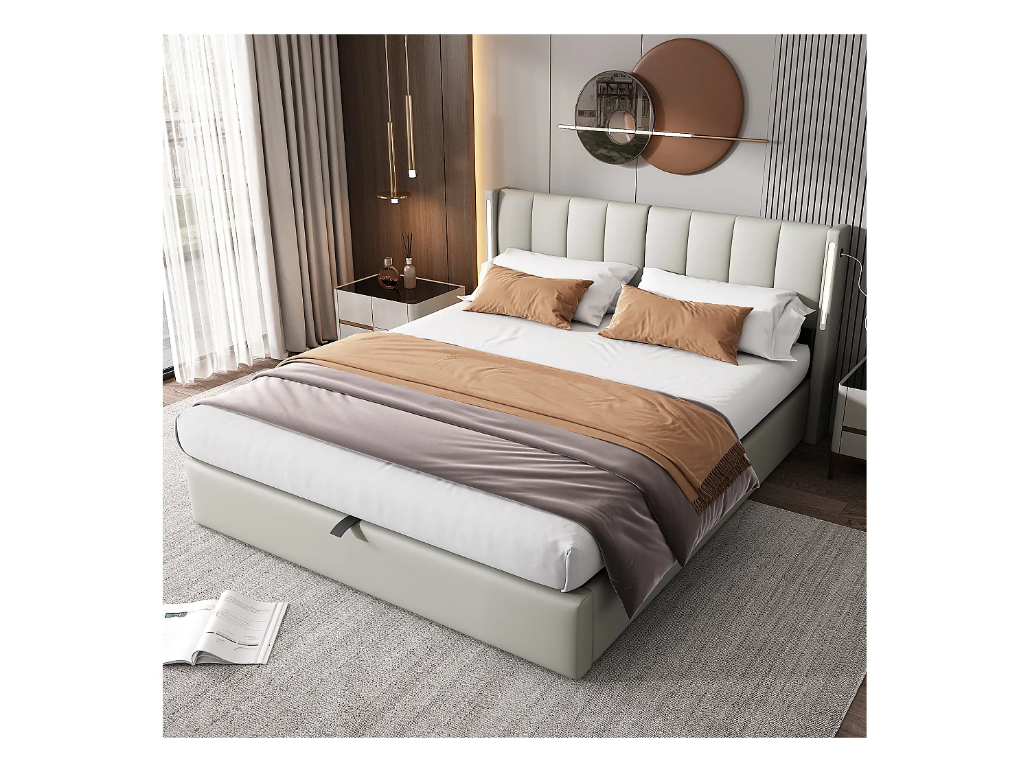 Lit coffre binaural avec tête de lit réglable - 180 x 200 cm - Cuir PU - LEDs et USB - Sommier à lattes - Gris