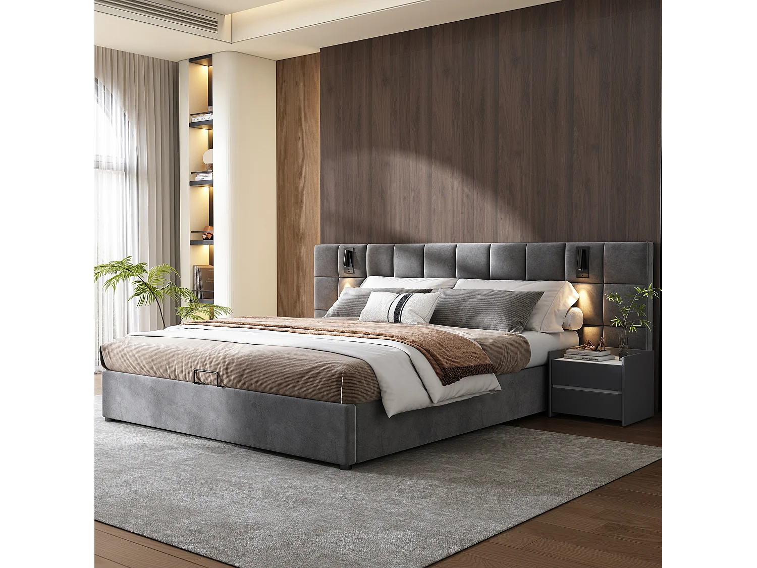 Cama de armazenamento com cabeceira ajustável - 180 x 200 cm - veludo - com lâmpada ajustável e USB - estilo contemporâneo - cinza