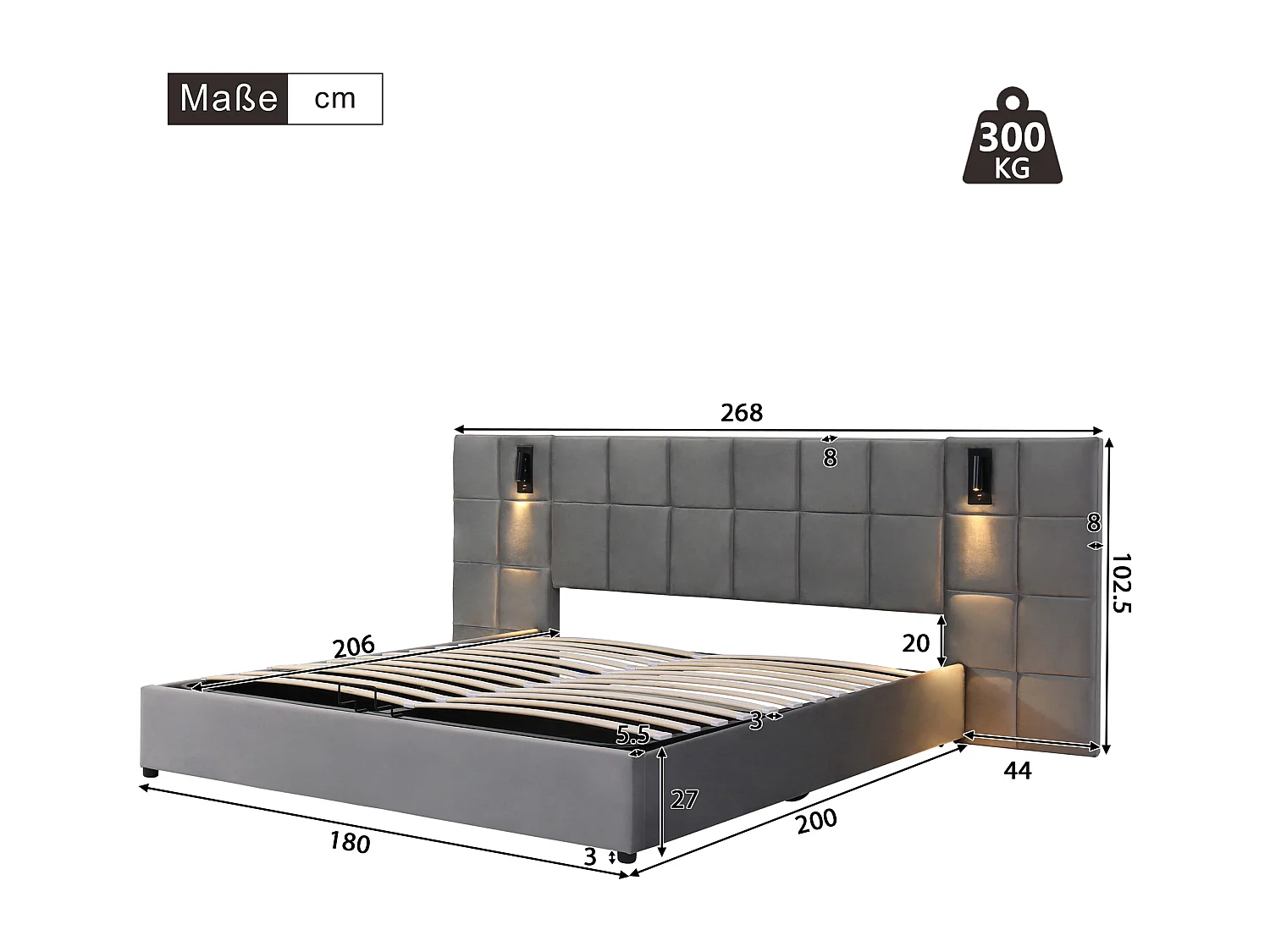 Cama de armazenamento com cabeceira ajustável - 180 x 200 cm - veludo - com lâmpada ajustável e USB - estilo contemporâneo - cinza