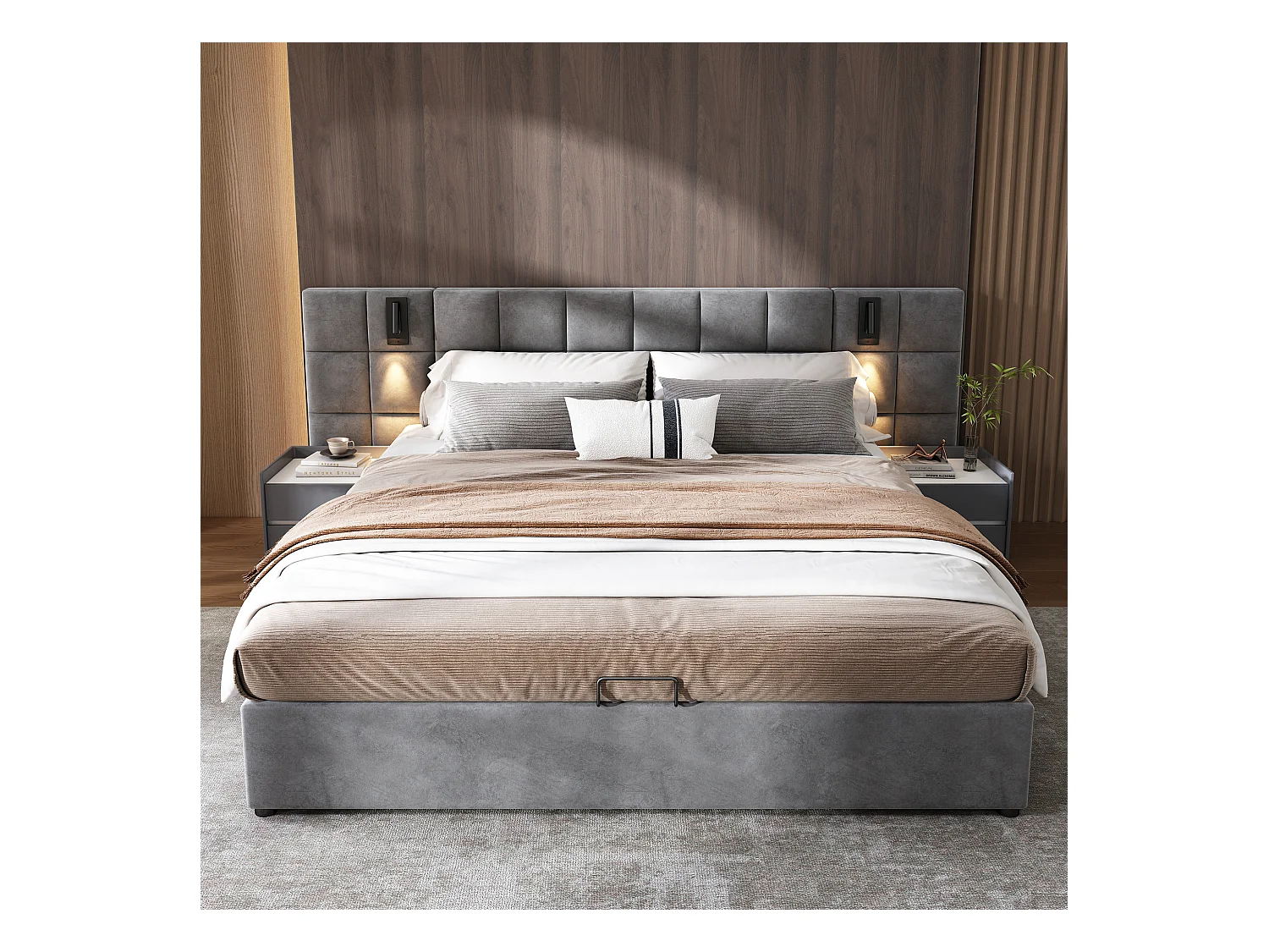 Lit coffre avec tête de lit réglable - 180 x 200 cm - velours - avec lampe orientable et USB - style contemporain - gris