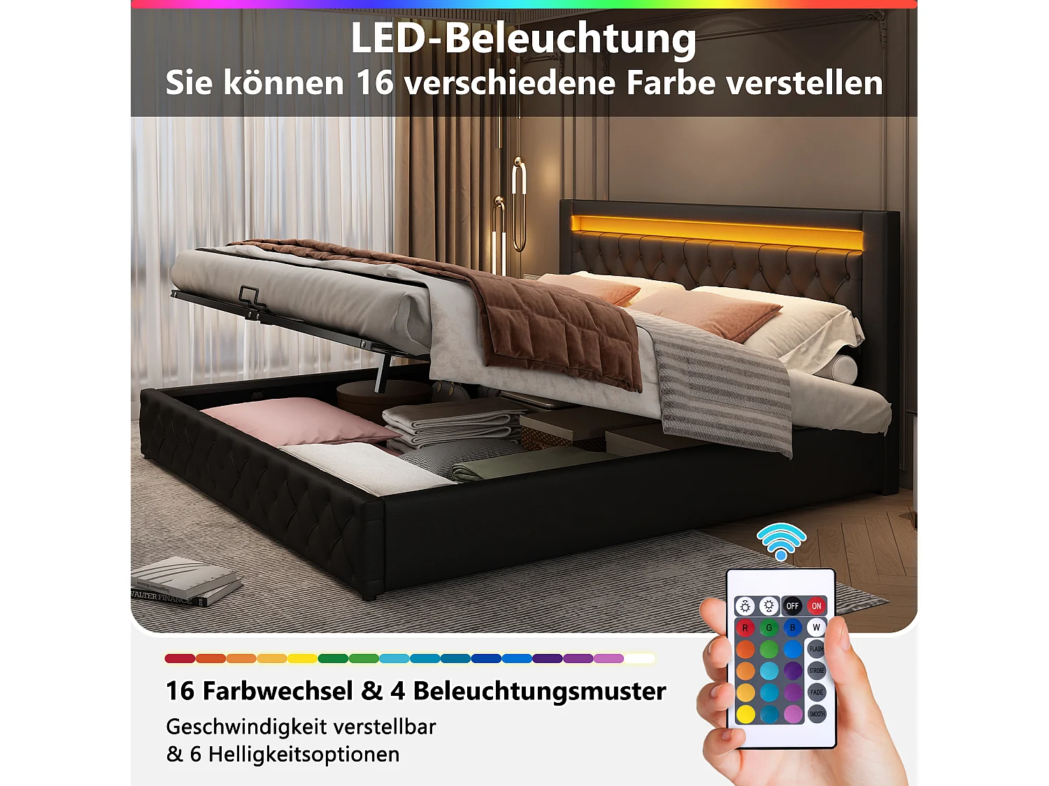 Stauraumbett mit Kopfteil – 180 x 200 cm – PU-Leder – LEDs – Lattenrost – Schwarz