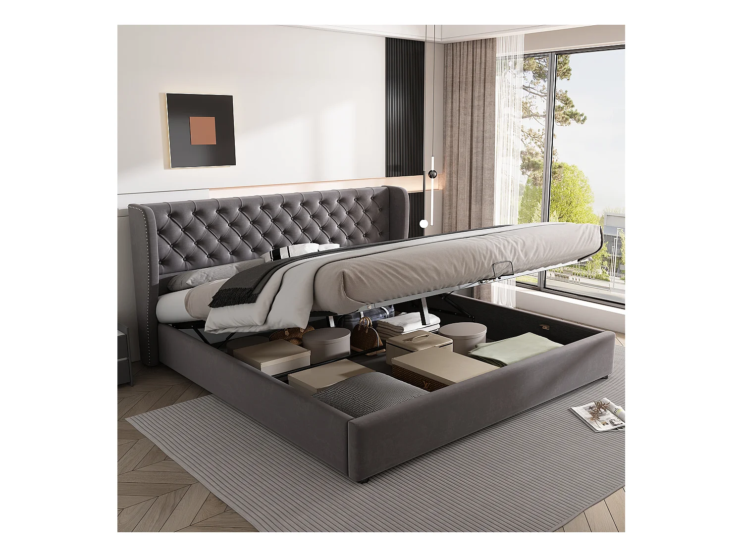 Opbergbed 160 x 200 cm, volwassenenbed bekleed met fluweel, decor met klinknagels en knopen, lattenbodem, grijs