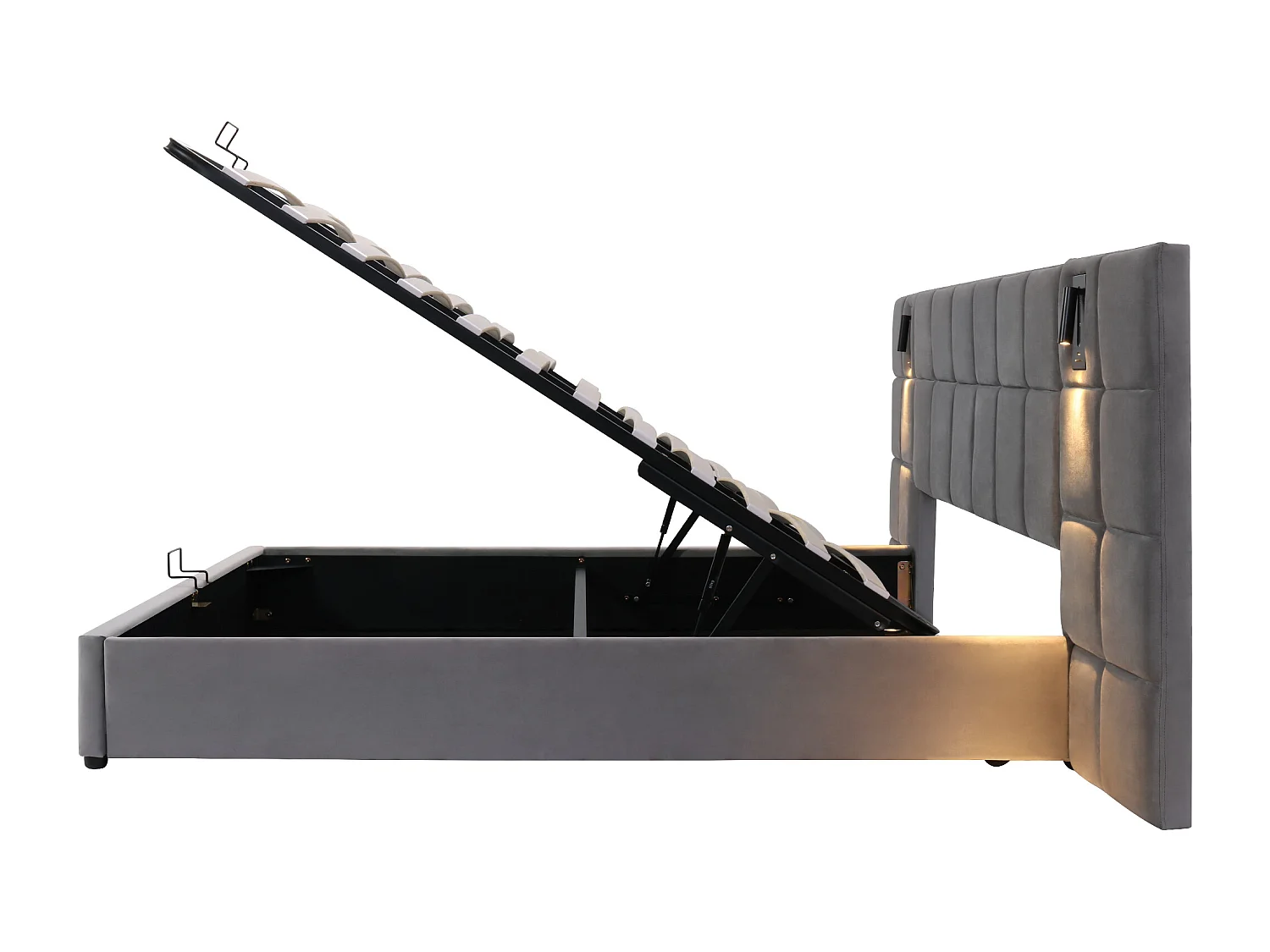 Lit coffre avec tête de lit réglable - 160 x 200 cm - velours - avec lampe orientable et USB - style contemporain - gris
