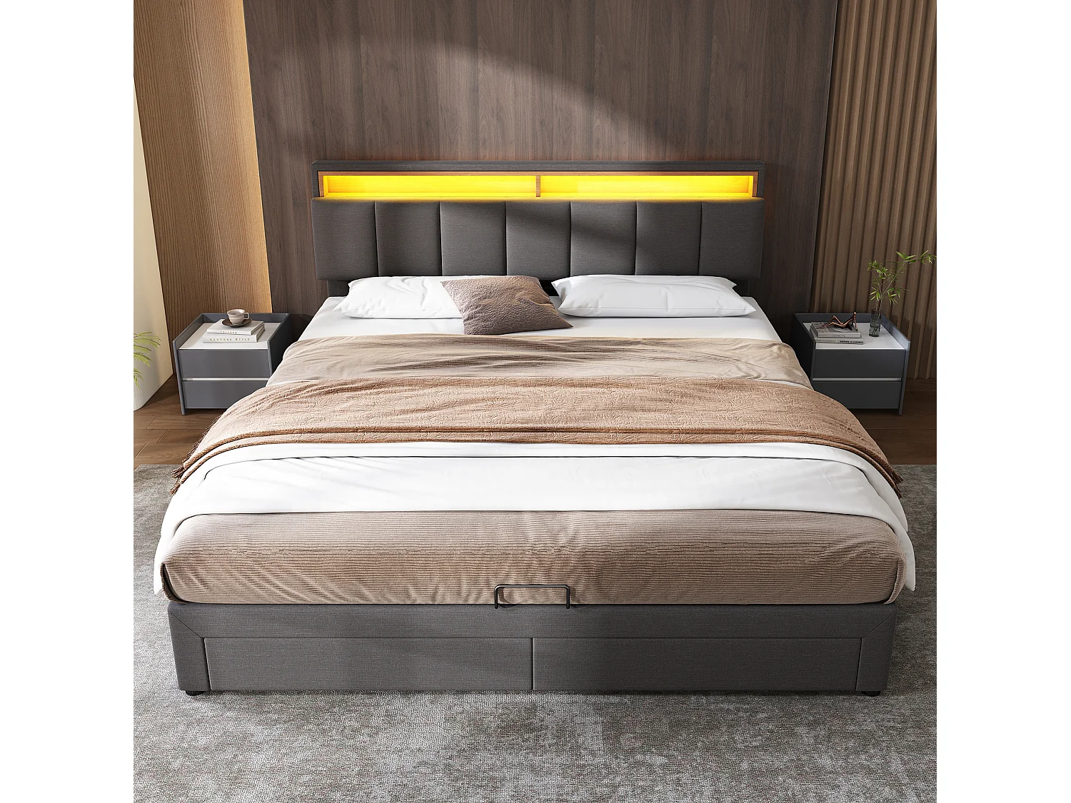 Cama arrumação com 2 gavetas e cabeceira retrátil - 180 x 200 cm - LEDs - Aço e linho - para adultos - Cinza