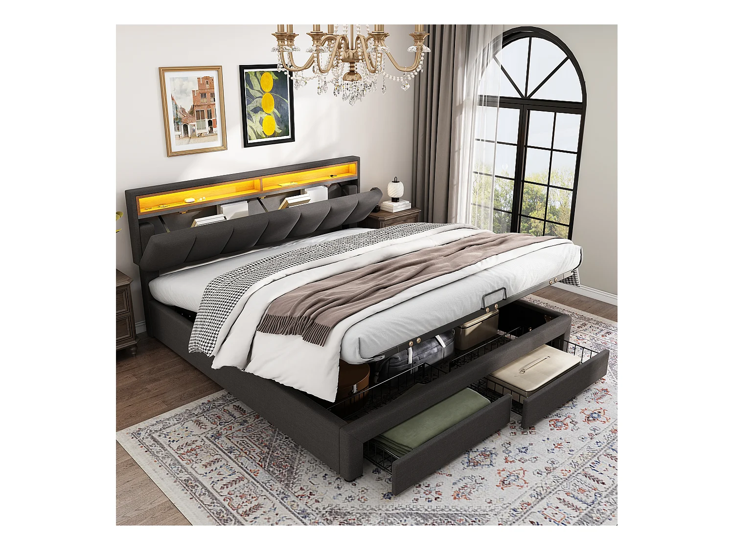 Lit coffre avec 2 tiroirs et tête de lit escamotable - 180 x 200 cm - LEDs -  Acier et lin - pour audulte - Gris