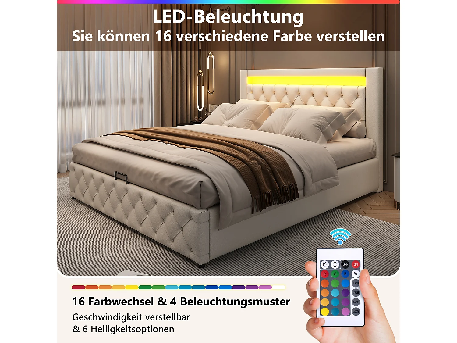 Stauraumbett mit Kopfteil – 160 x 200 cm – PU-Leder und LEDs – Lattenrost – Zeitgenössischer Stil – Weiß