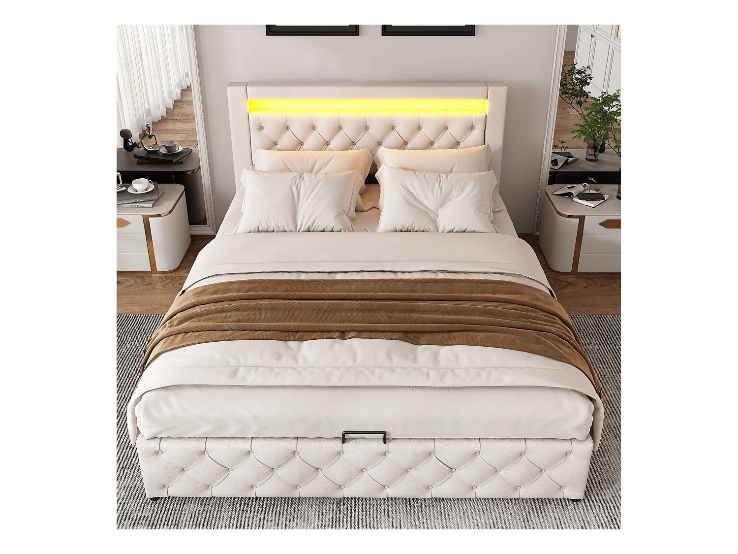 Letto contenitore con testiera - 160 x 200 cm - Pelle PU e LED - Rete a doghe - Stile moderno - Bianco