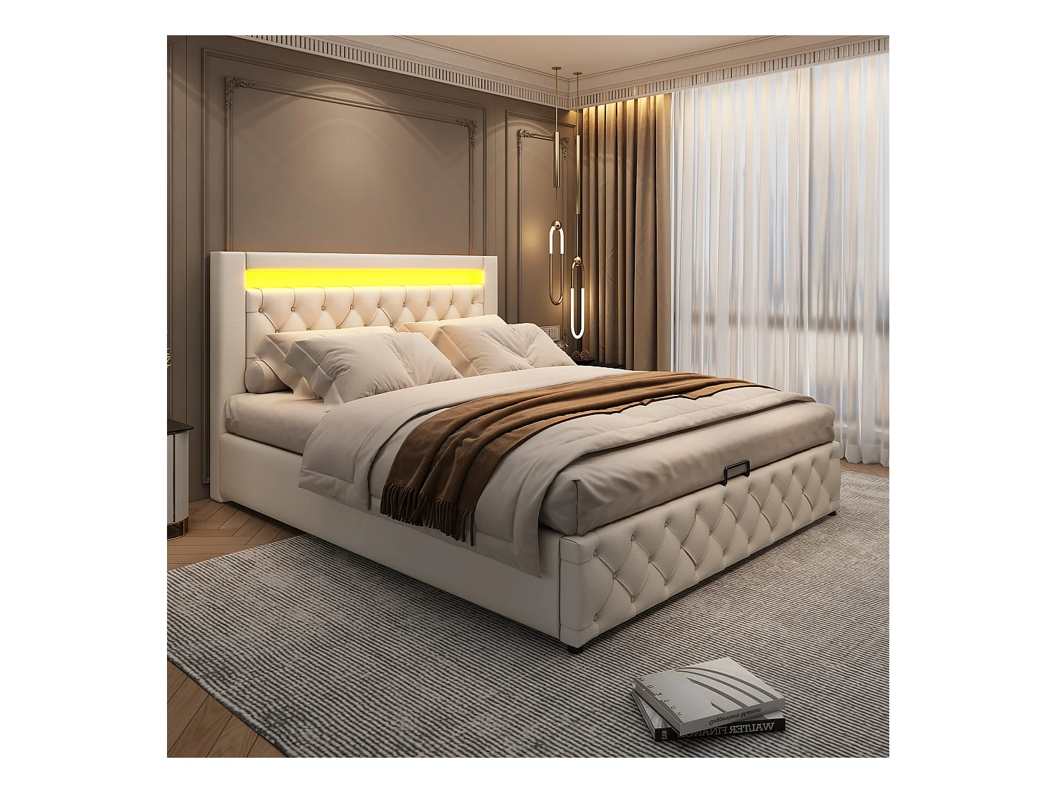Letto contenitore con testiera - 160 x 200 cm - Pelle PU e LED - Rete a doghe - Stile moderno - Bianco
