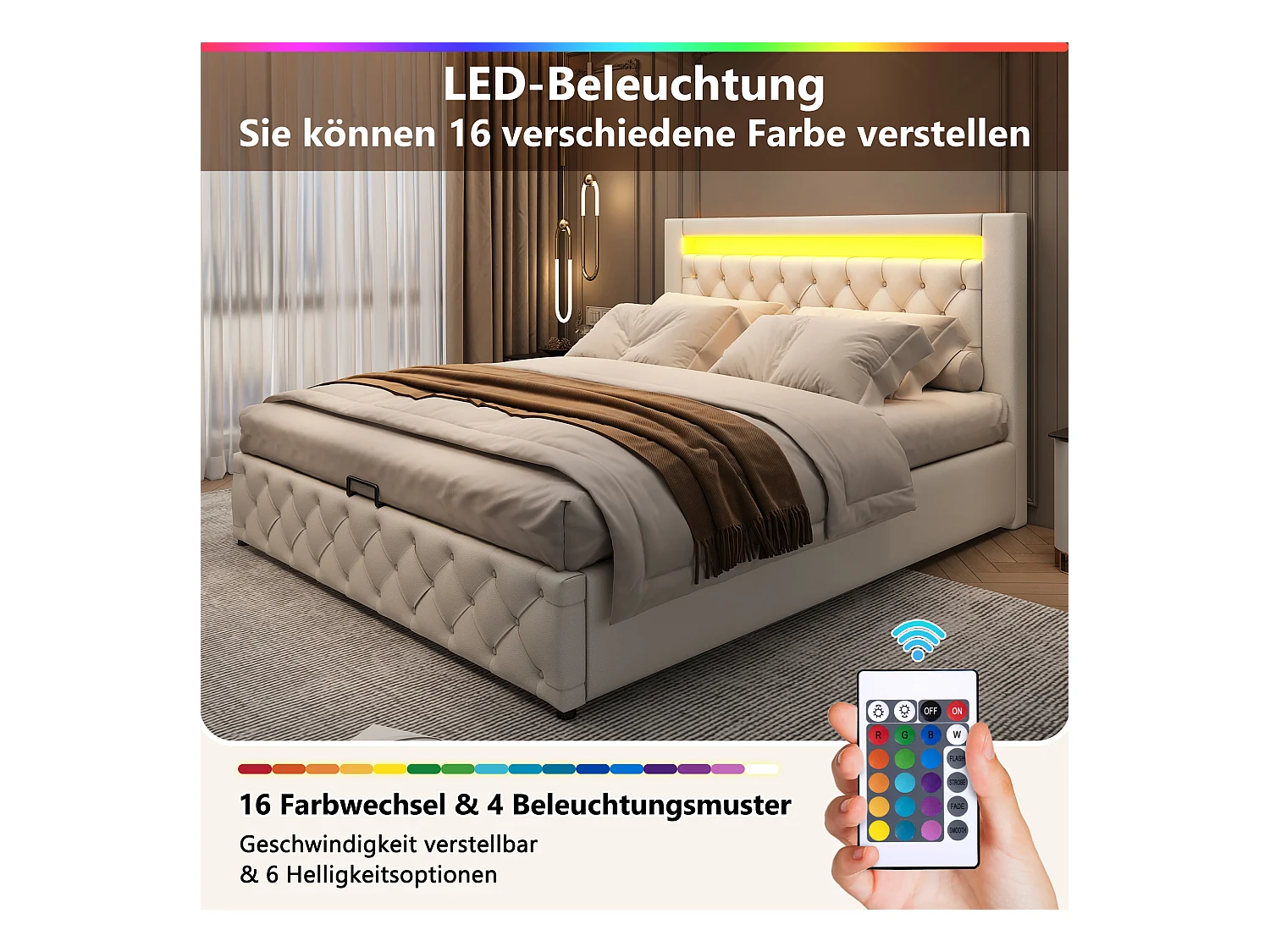 Letto contenitore con testiera - 160 x 200 cm - Pelle PU e LED - Rete a doghe - Stile moderno - Bianco