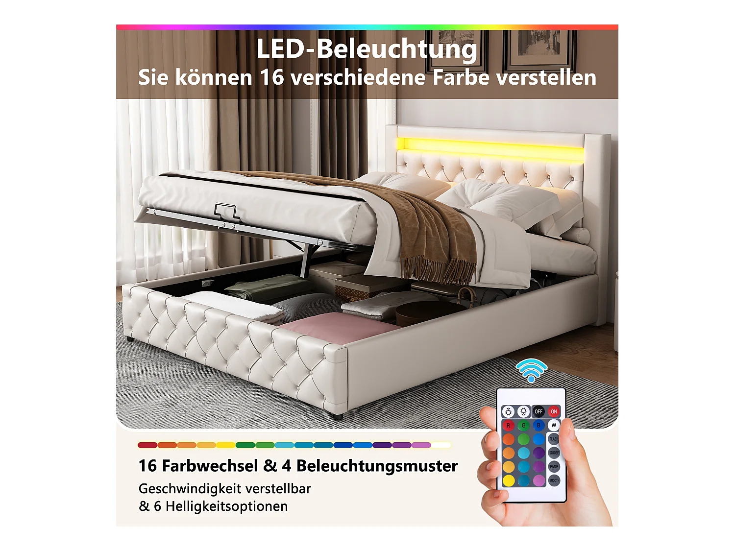 Letto contenitore con testiera - 160 x 200 cm - Pelle PU e LED - Rete a doghe - Stile moderno - Bianco