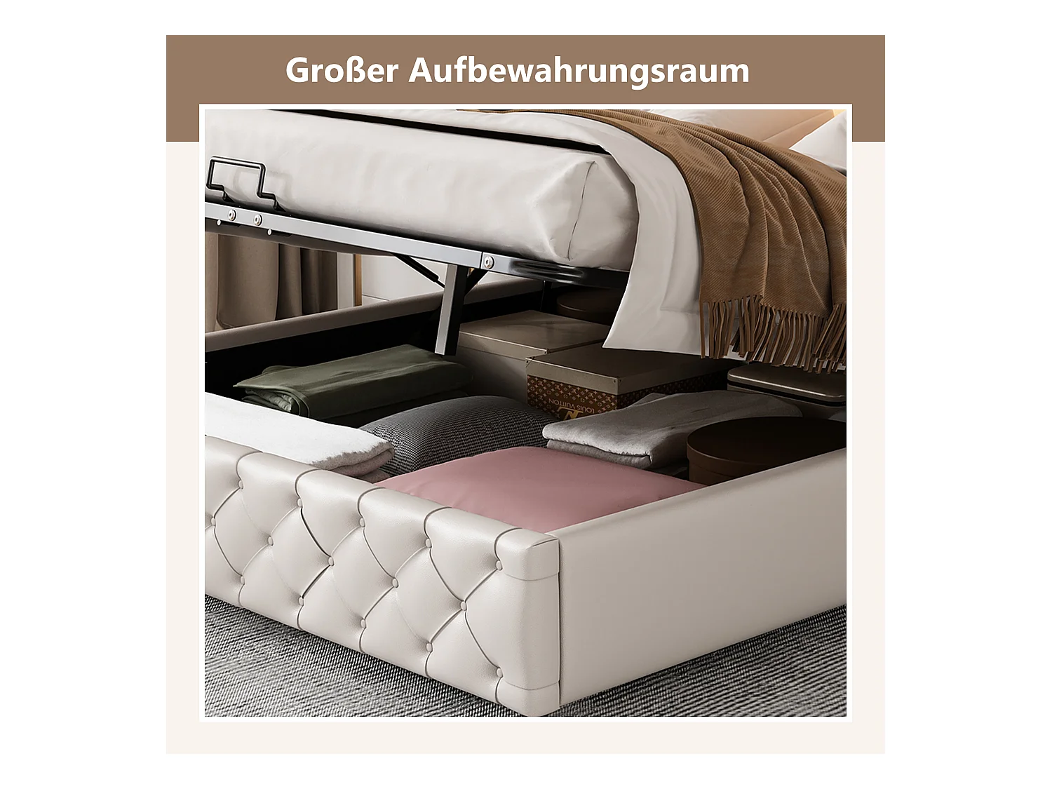 Letto contenitore con testiera - 160 x 200 cm - Pelle PU e LED - Rete a doghe - Stile moderno - Bianco