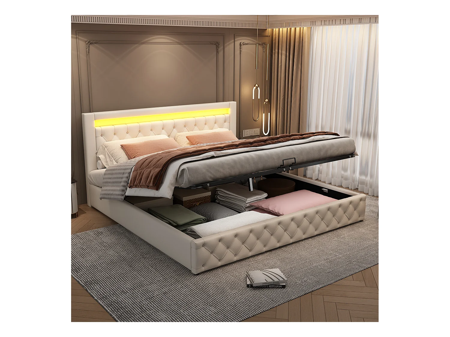 Lit coffre avec tête de lit - 180 x 200 cm - Cuir PU - LEDs - Sommier à lattes - blanc