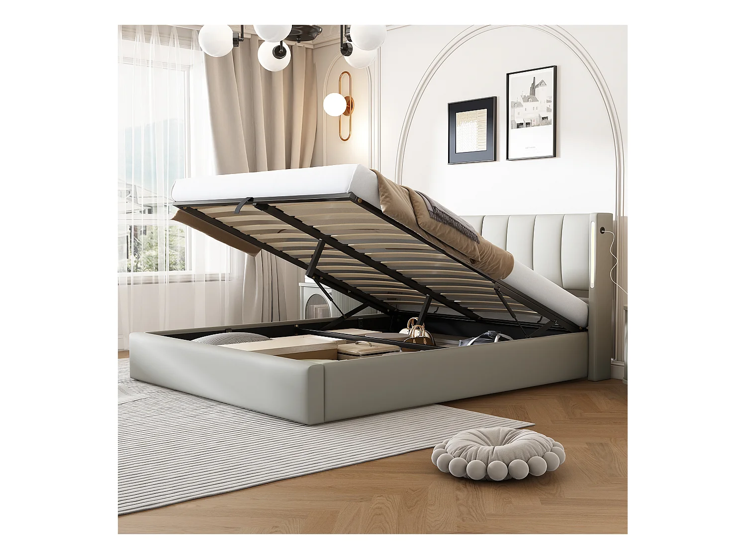 Binauraal opbergbed met verstelbaar hoofdeinde - 140 x 200 cm - PU leer - LED's en USB - Lattenbodem - Grijs