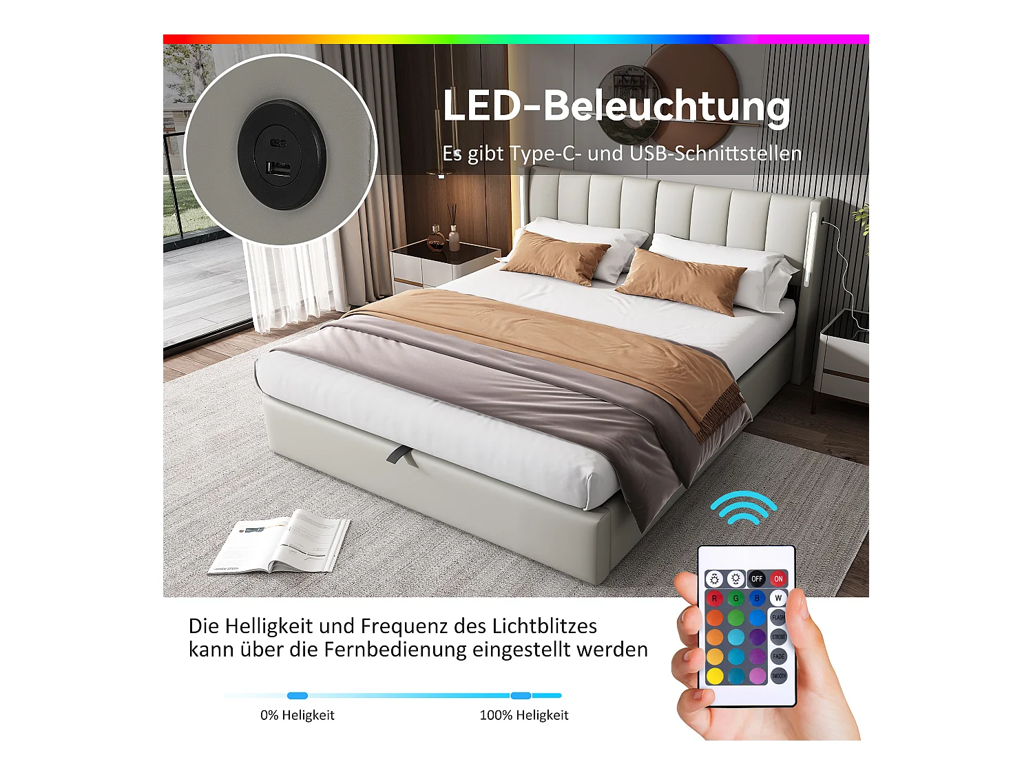 Binauraal opbergbed met verstelbaar hoofdeinde - 140 x 200 cm - PU leer - LED's en USB - Lattenbodem - Grijs