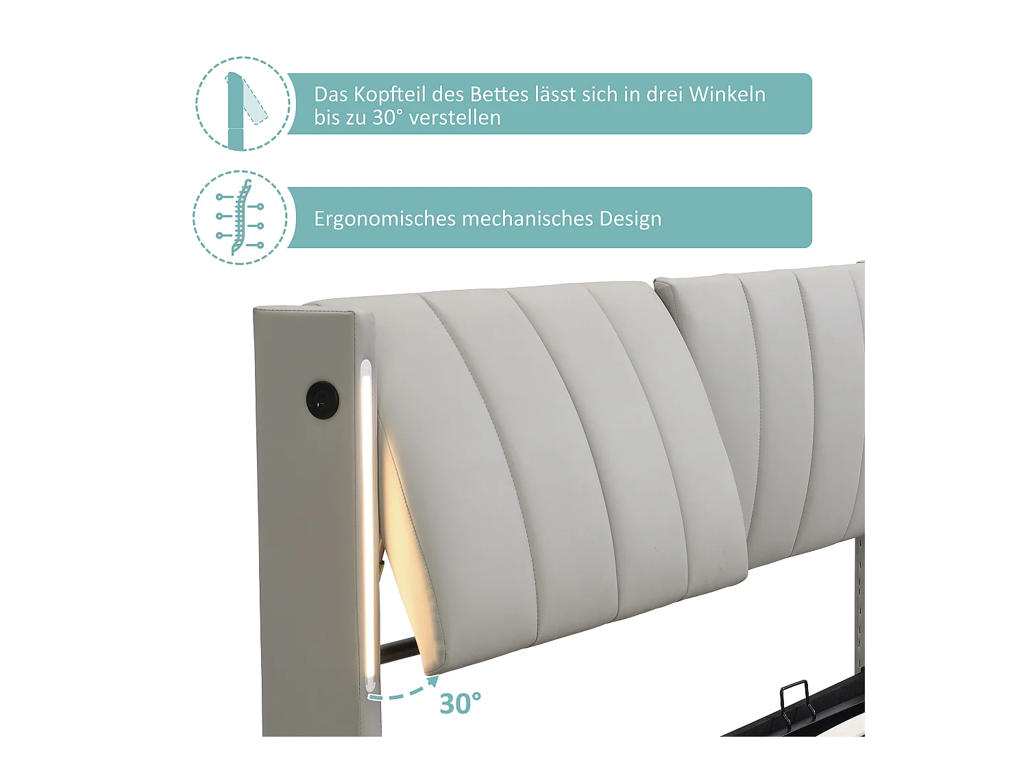 Binauraal opbergbed met verstelbaar hoofdeinde - 140 x 200 cm - PU leer - LED's en USB - Lattenbodem - Grijs