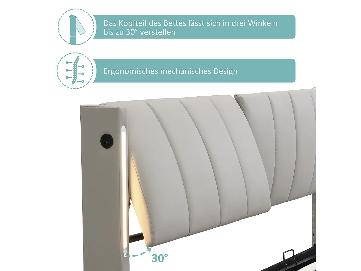 Łóżko binauralne z regulowanym zagłówkiem i schowkiem - 140 x 200 cm - skóra ekologiczna - diody LED i USB - stelaż z listew - szary