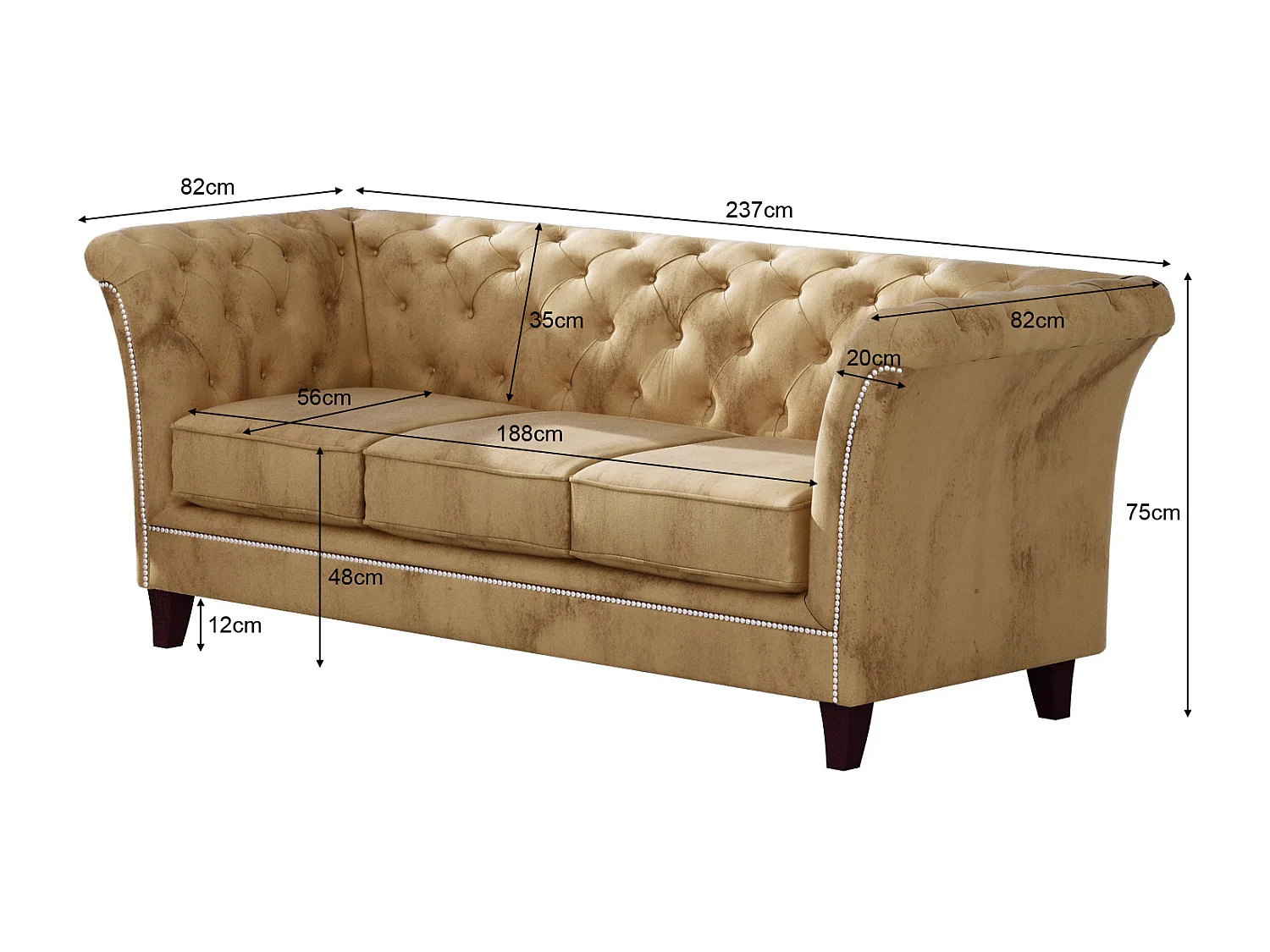 Uma 3-Sitzer Chesterfield Sofa