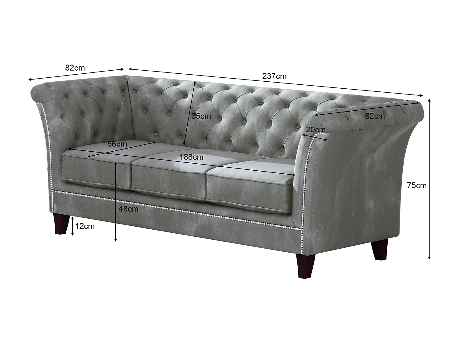 Uma 3-Sitzer Chesterfield Sofa