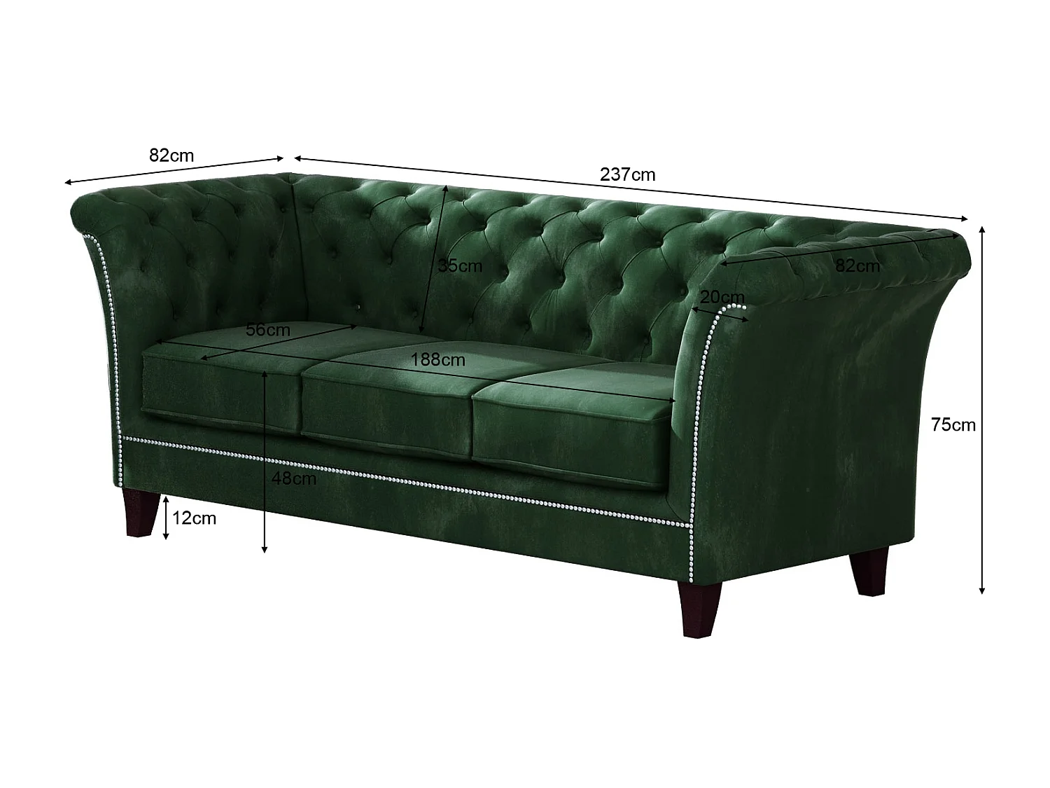 Uma 3-Sitzer Chesterfield Sofa