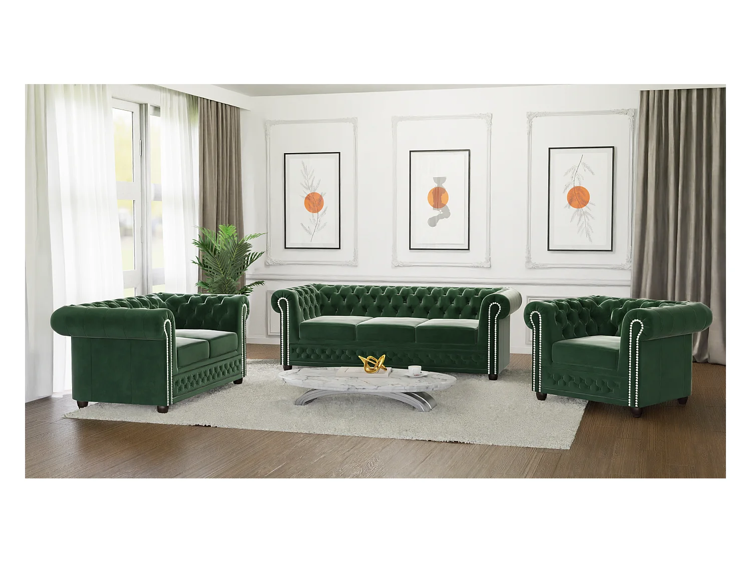 Chesterfield Liv Polstergarnitur 3+2+1 Samt Bezug