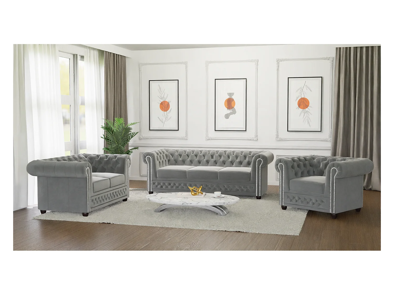 Chesterfield Liv Polstergarnitur mit Schlaffunktion 3+2+1 Samt Bezug