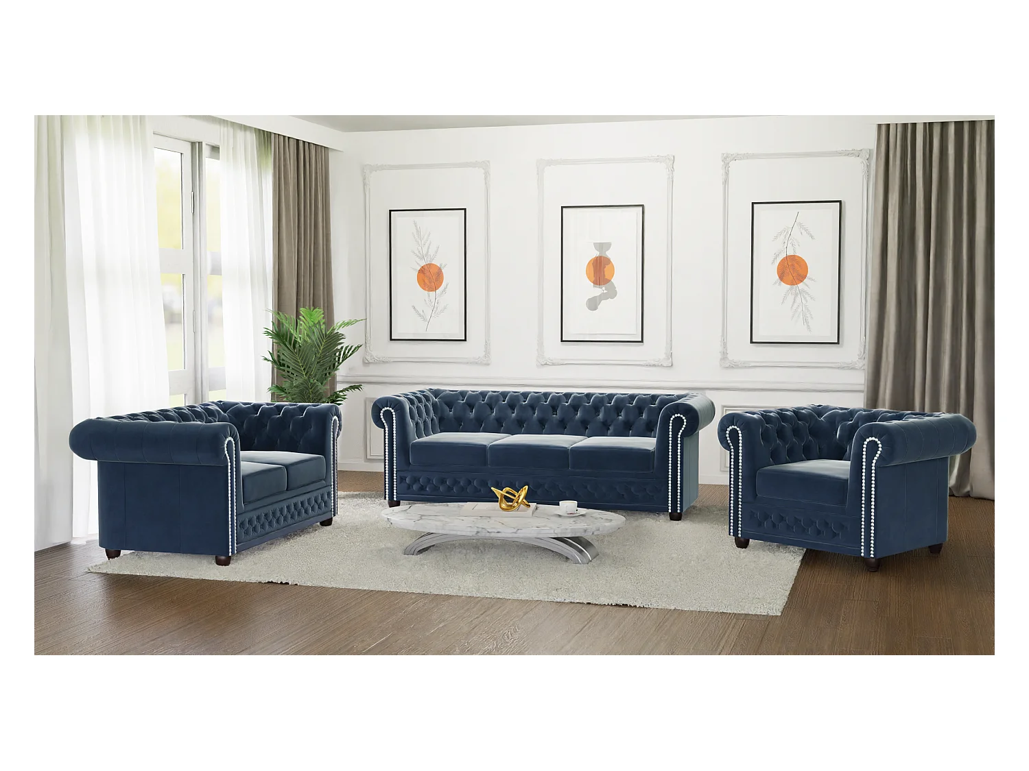 Chesterfield Liv Polstergarnitur mit Schlaffunktion 3+2+1 Samt Bezug