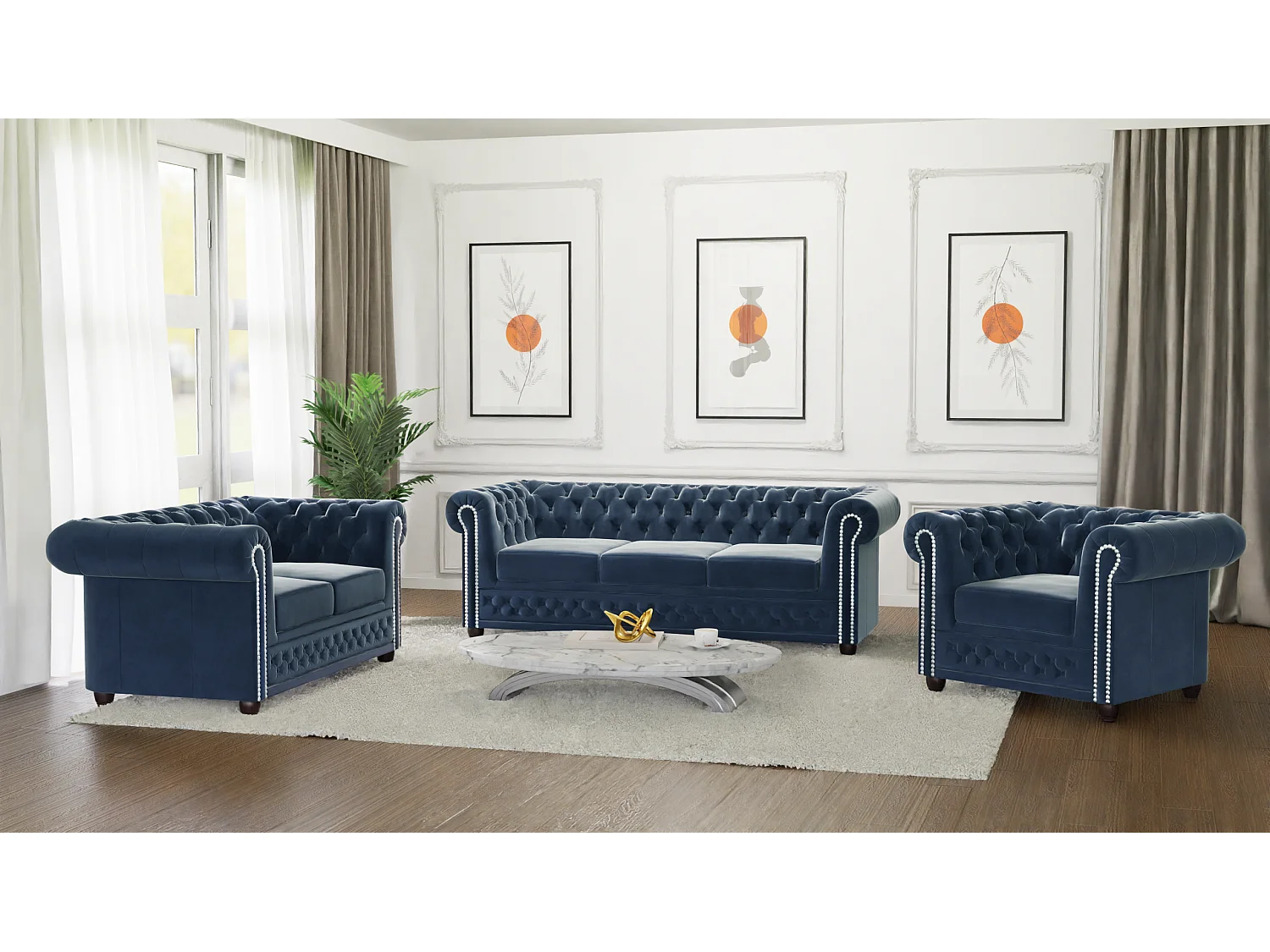 Chesterfield Liv Polstergarnitur mit Schlaffunktion 3+2+1 Samt Bezug