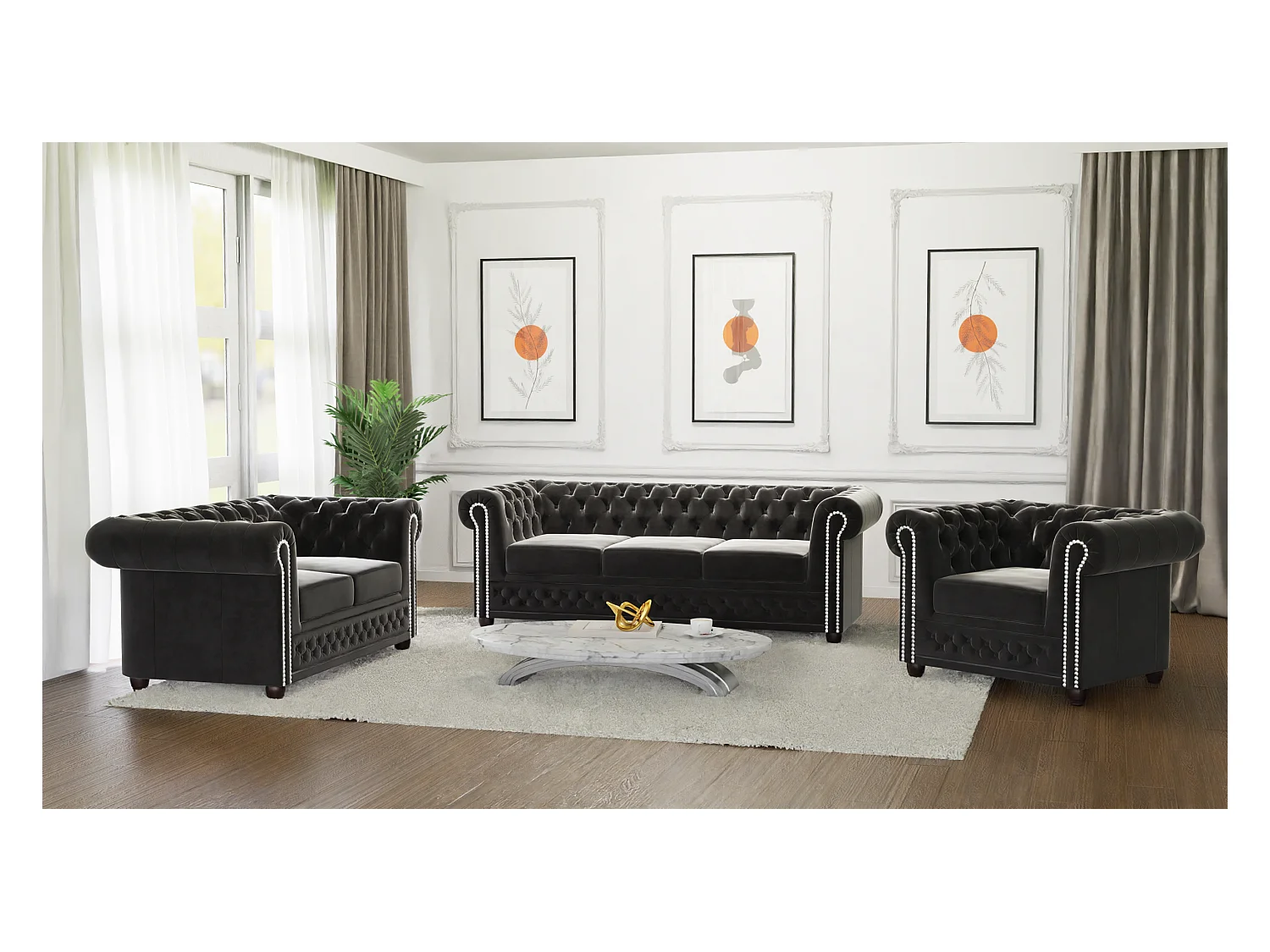 Chesterfield Liv Polstergarnitur mit Schlaffunktion 3+2+1 Samt Bezug