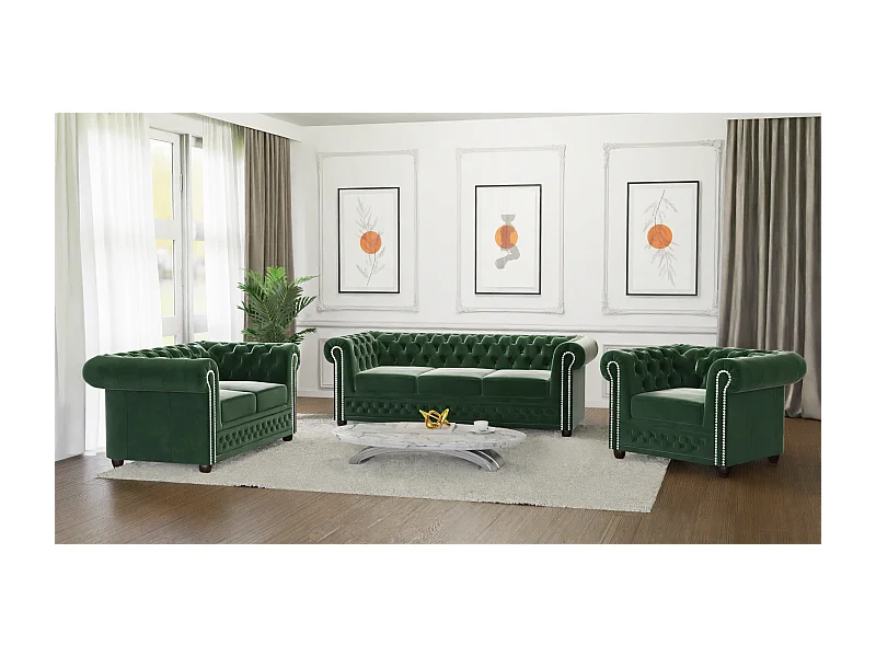 Chesterfield Liv Polstergarnitur mit Schlaffunktion 3+2+1 Samt Bezug