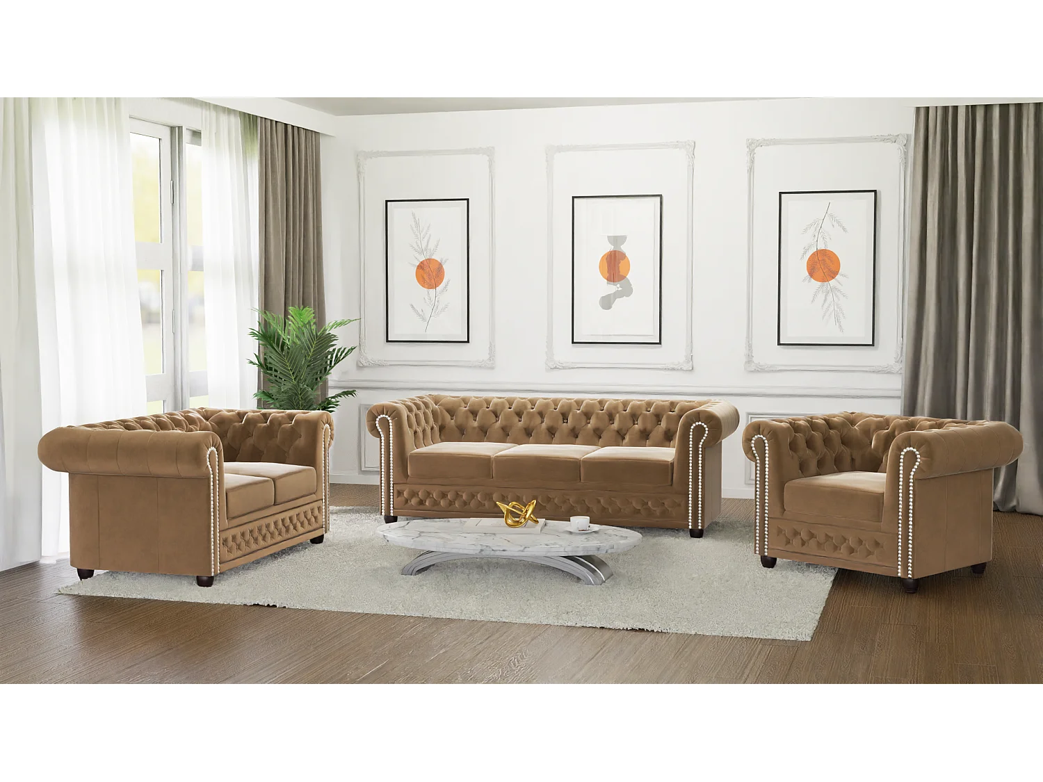 Chesterfield Liv Polstergarnitur mit Schlaffunktion 3+2+1 Samt Bezug