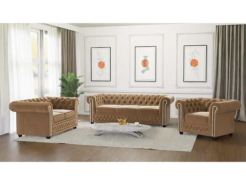 Chesterfield Liv Polstergarnitur mit Schlaffunktion 3+2+1 Samt Bezug