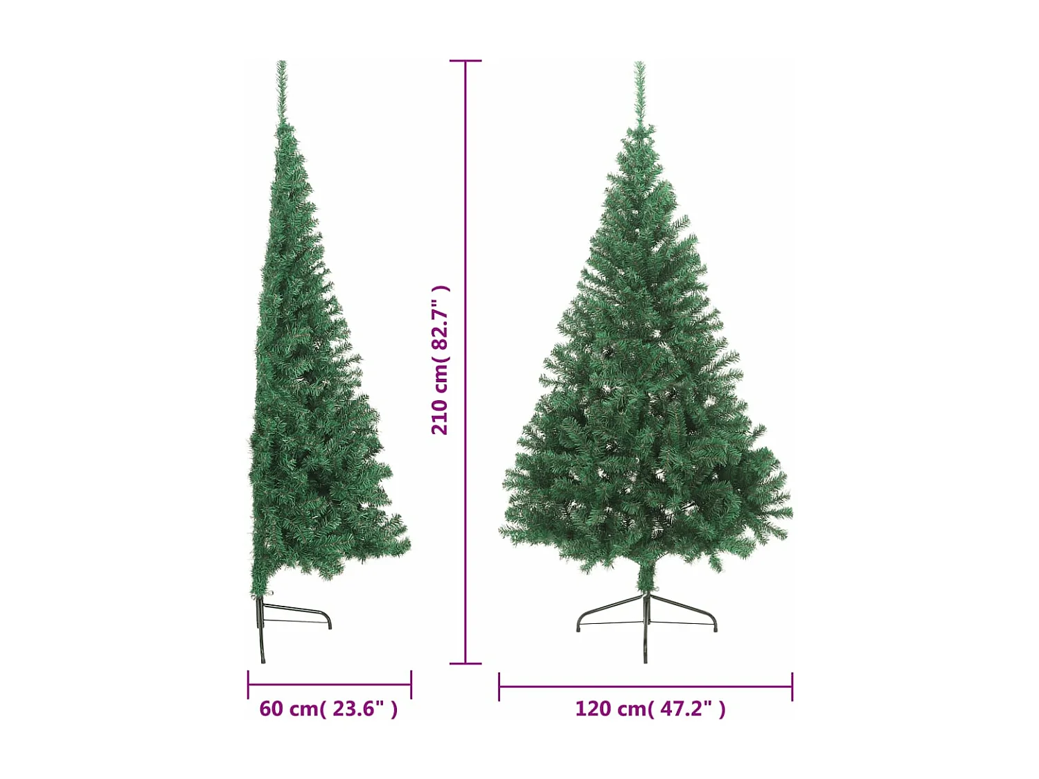 Meia árvore de Natal artificial com suporte verde 210 cm PVC