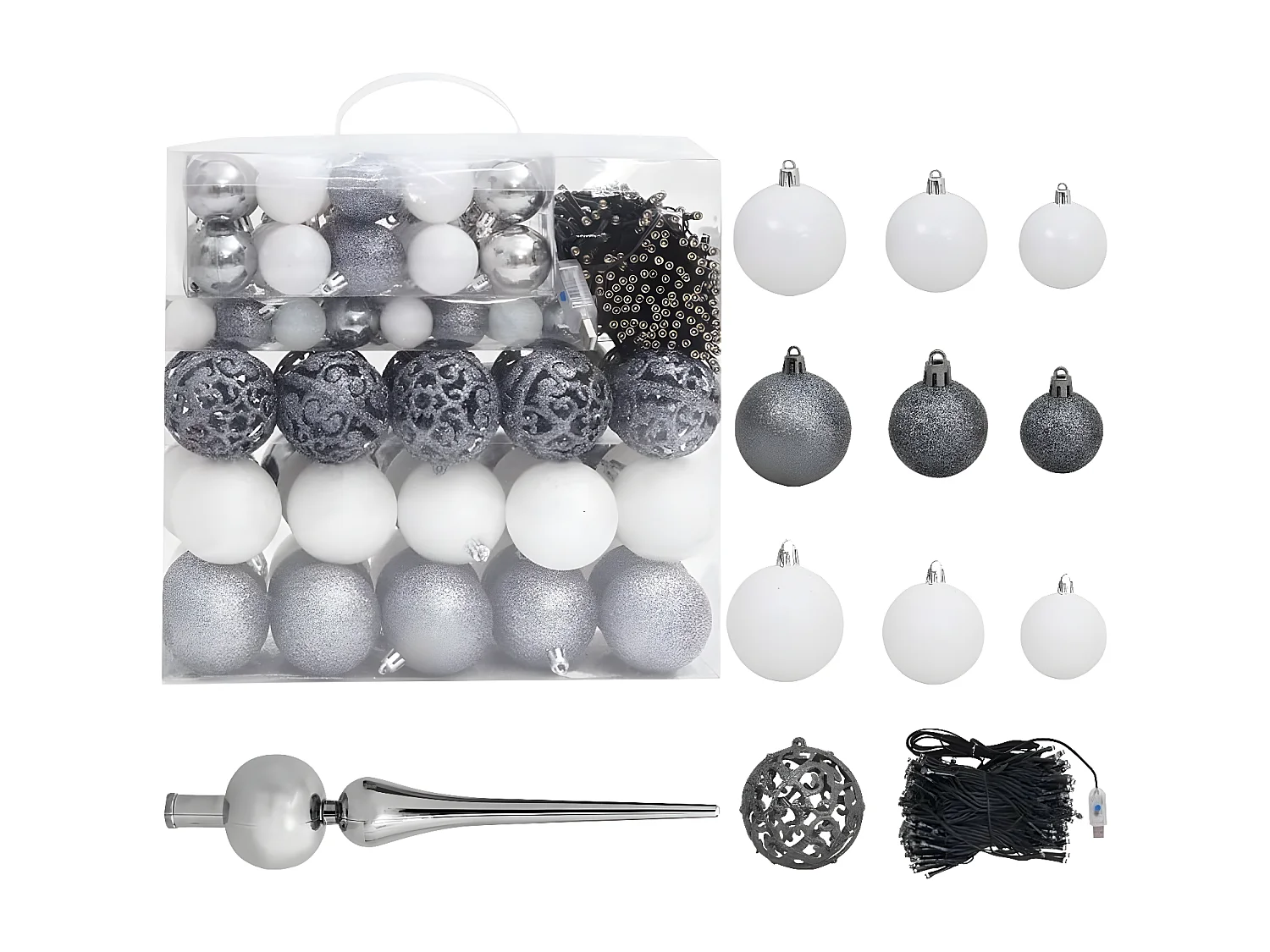 Arbre de No?l artificiel pré-éclairé et boules noir 240 cm PVC