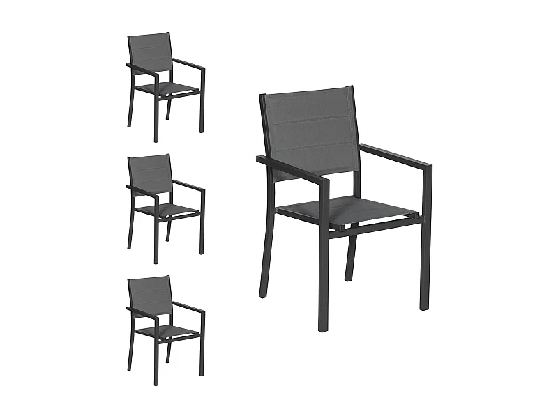 Lot de 4 chaises rembourrées en aluminium anthracite - textilène gris - HAPPY GARDEN