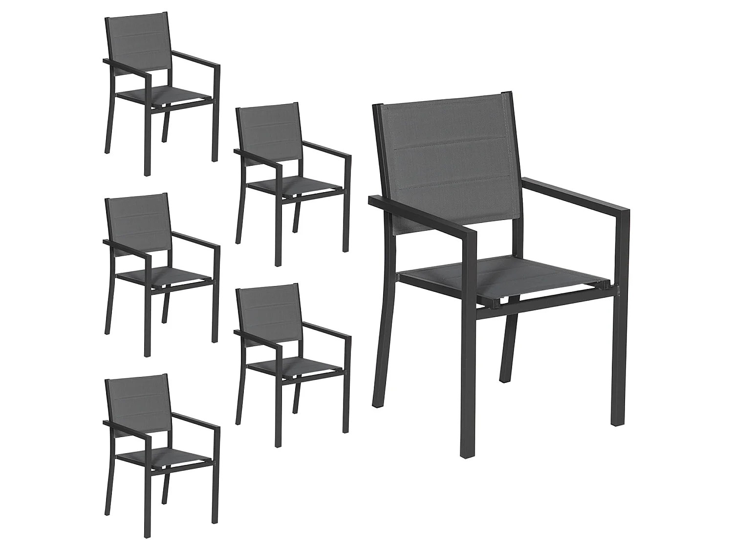 Lot de 6 chaises rembourrées en aluminium anthracite - textilène gris - HAPPY GARDEN