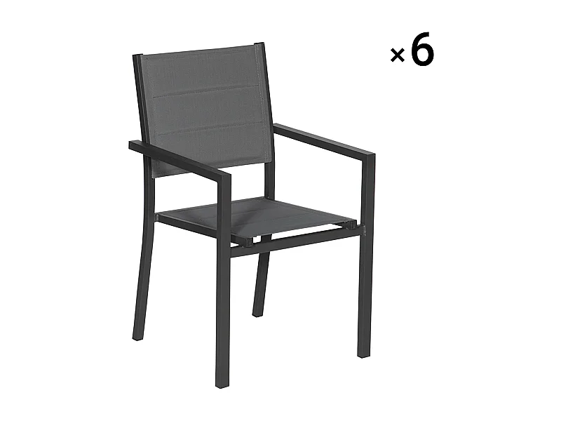 Lot de 6 chaises rembourrées en aluminium anthracite - textilène gris - HAPPY GARDEN