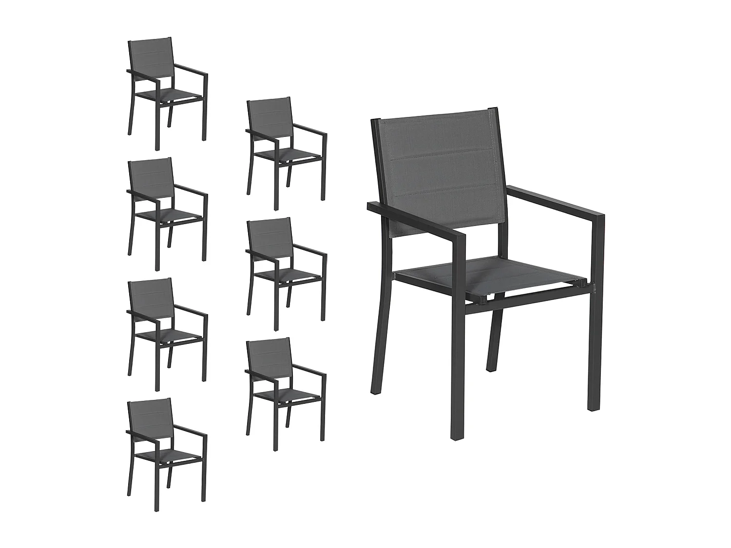 Lot de 8 chaises rembourrées en aluminium anthracite - textilène gris - HAPPY GARDEN