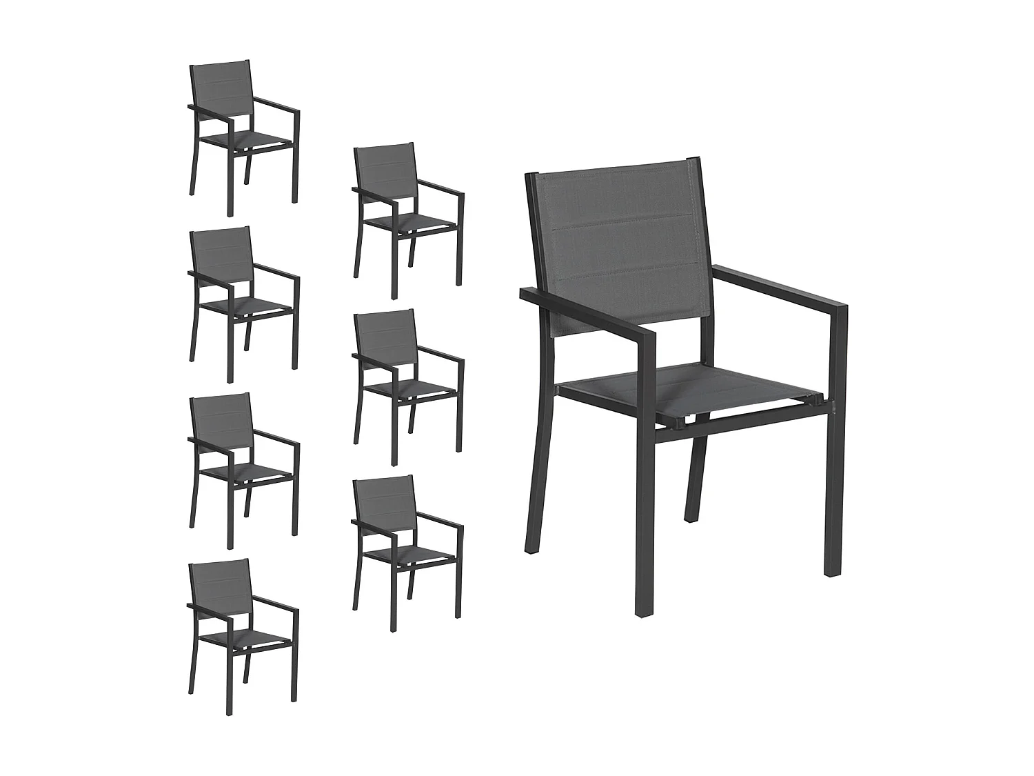 Set van 8 antraciet aluminium gestoffeerde stoelen - grijs textilene